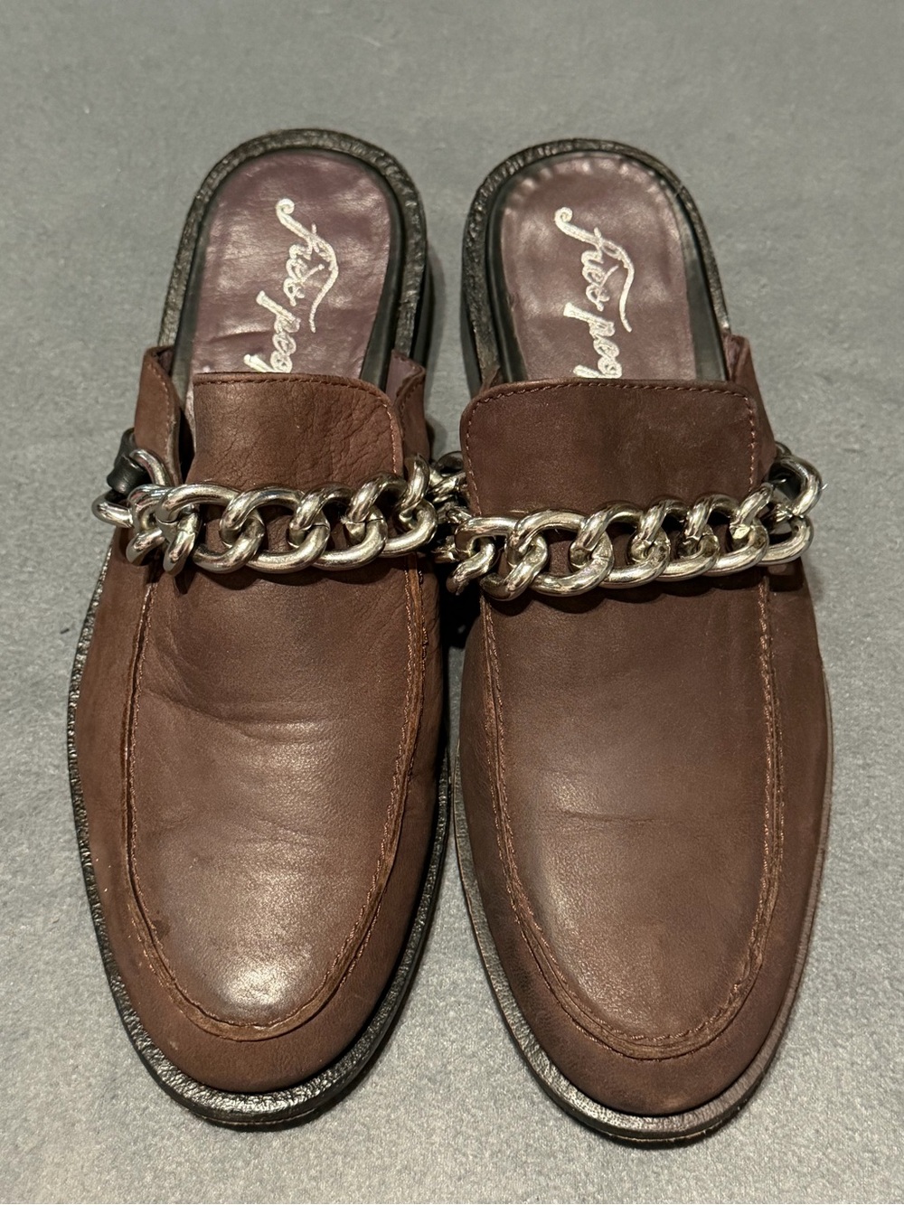 Free People Vida Mule Brown Leather Slip-On Loafers with Silver Chain Detail